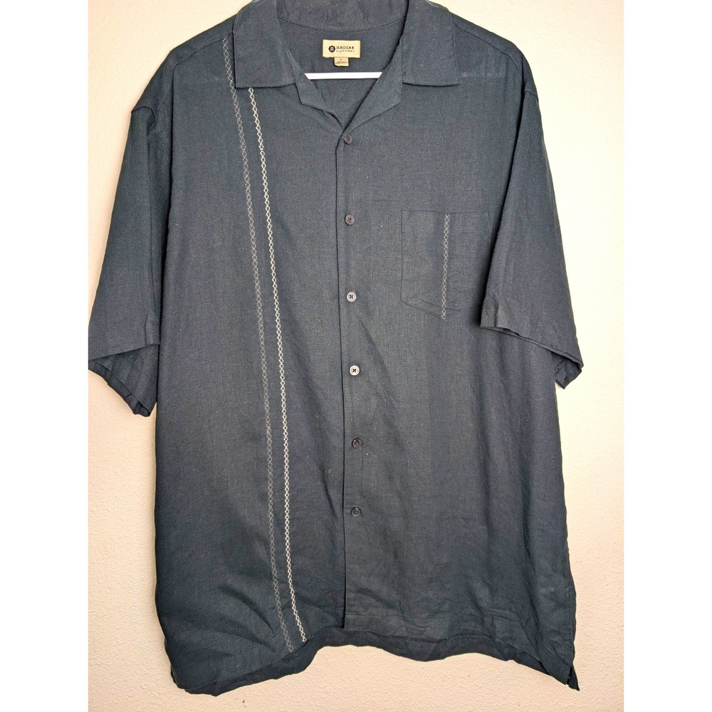 Haggar Clothing Co Men's L Black Linen Rayon Embroidered Camp Shirt Short Sleeve